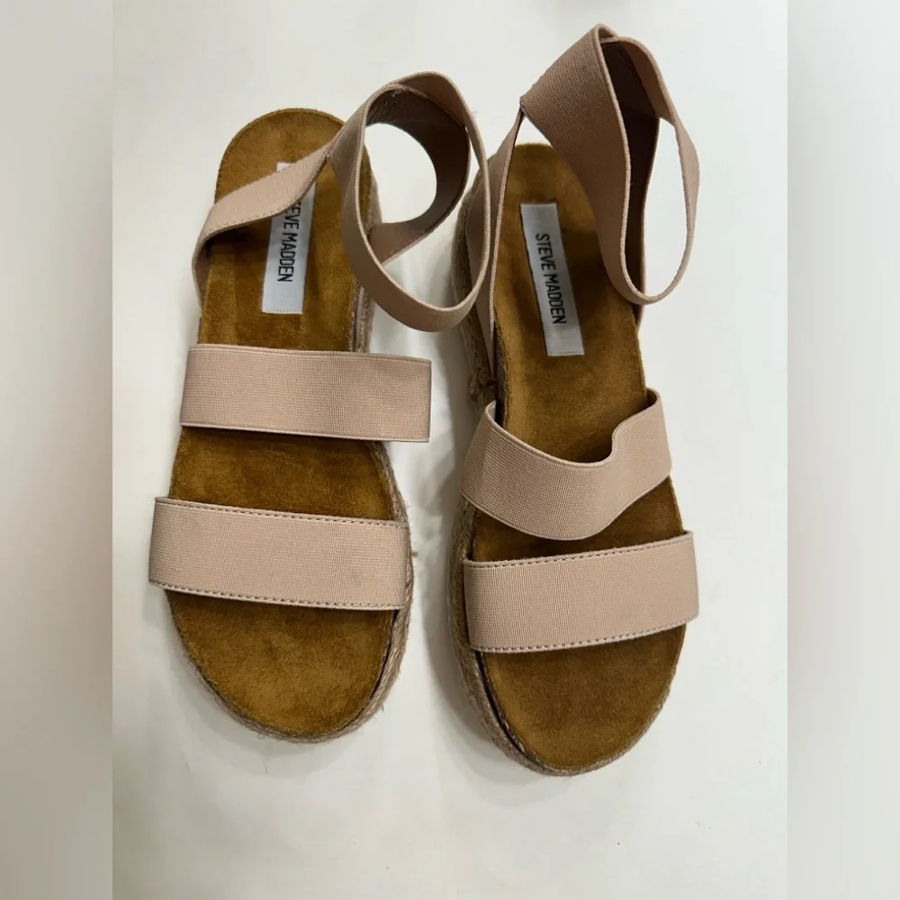 Steve Madden Sandals Wedge Beige Tan Chunky Summer Espadrilles Open Toe Size 8